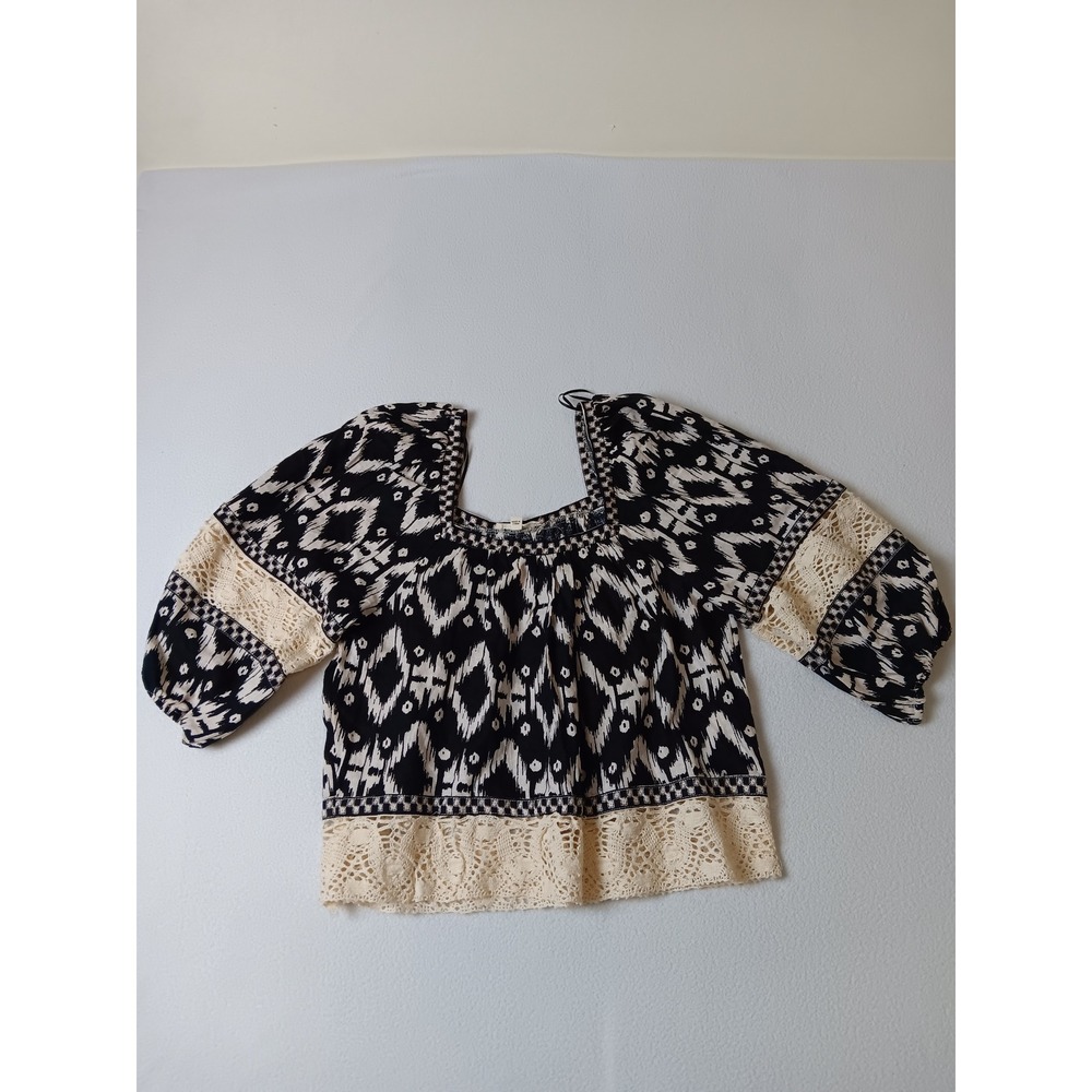 Christian Siriano Ikat Print Linen Blend Lace Trim Blouse Black White‎ Medium